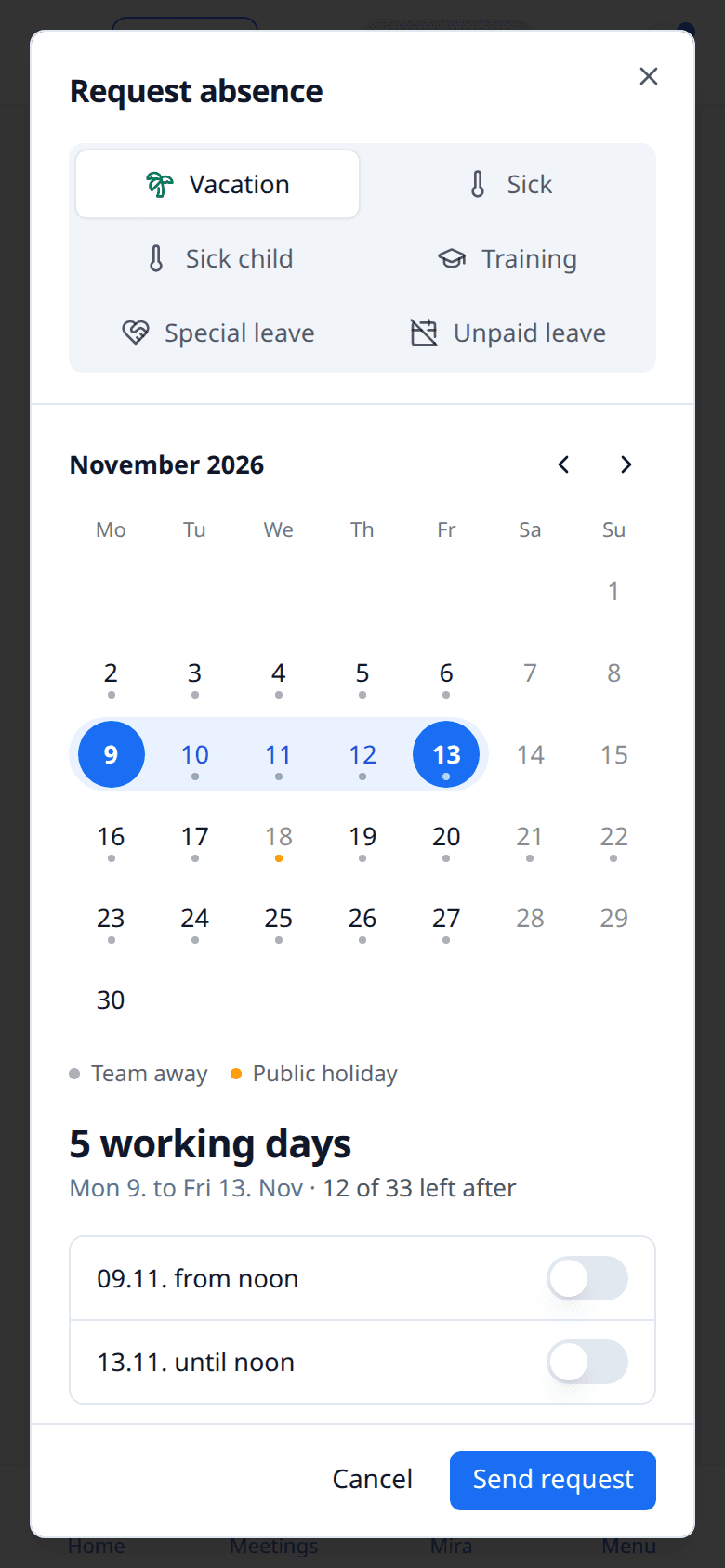 Leave request on the phone with dates, deputy and remaining days