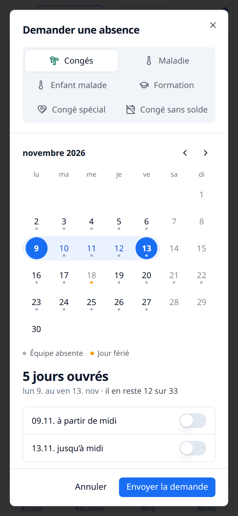 Demande de congé sur mobile avec dates, remplaçant et solde restant