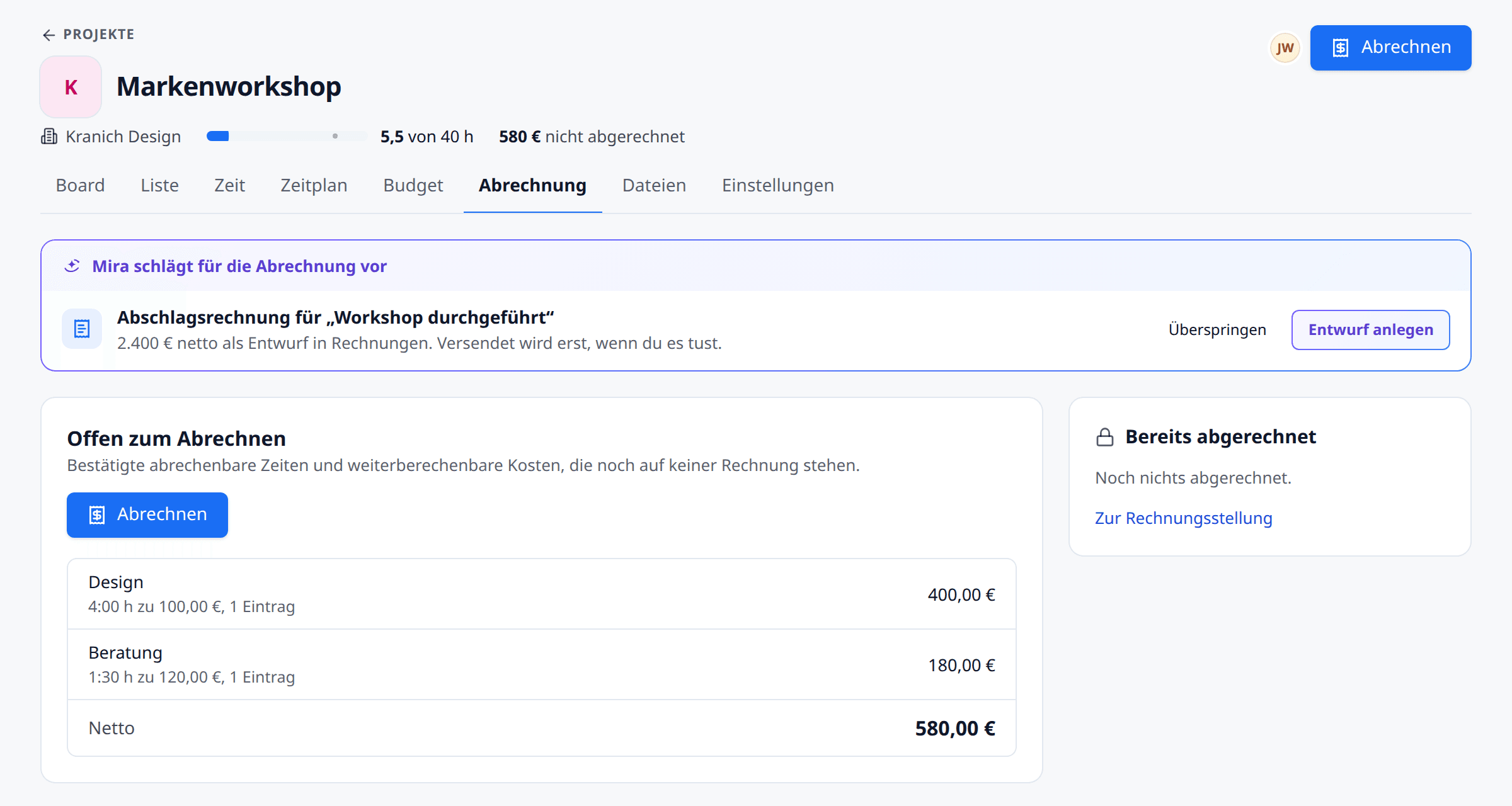 Abrechnung eines Projekts in meetergo mit offenen Stunden