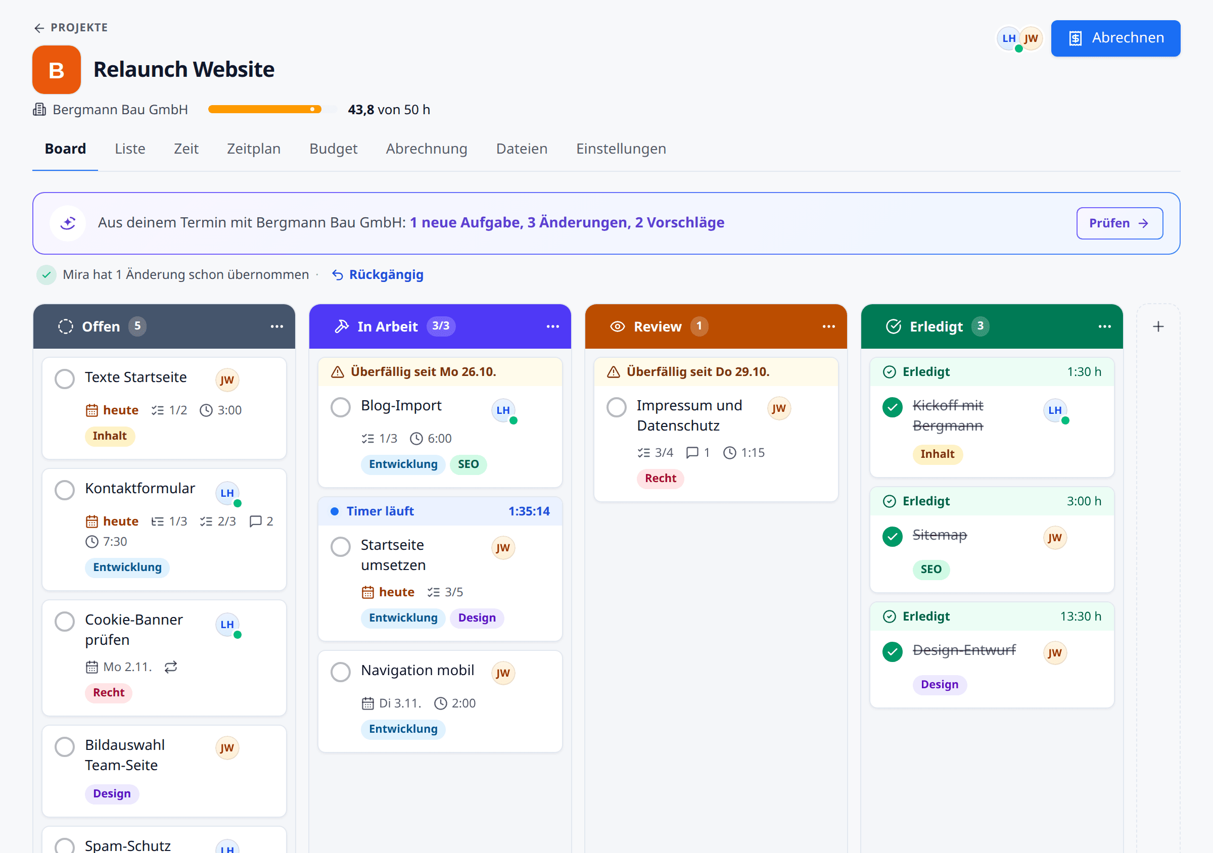 Kanban-Board eines Projekts in meetergo