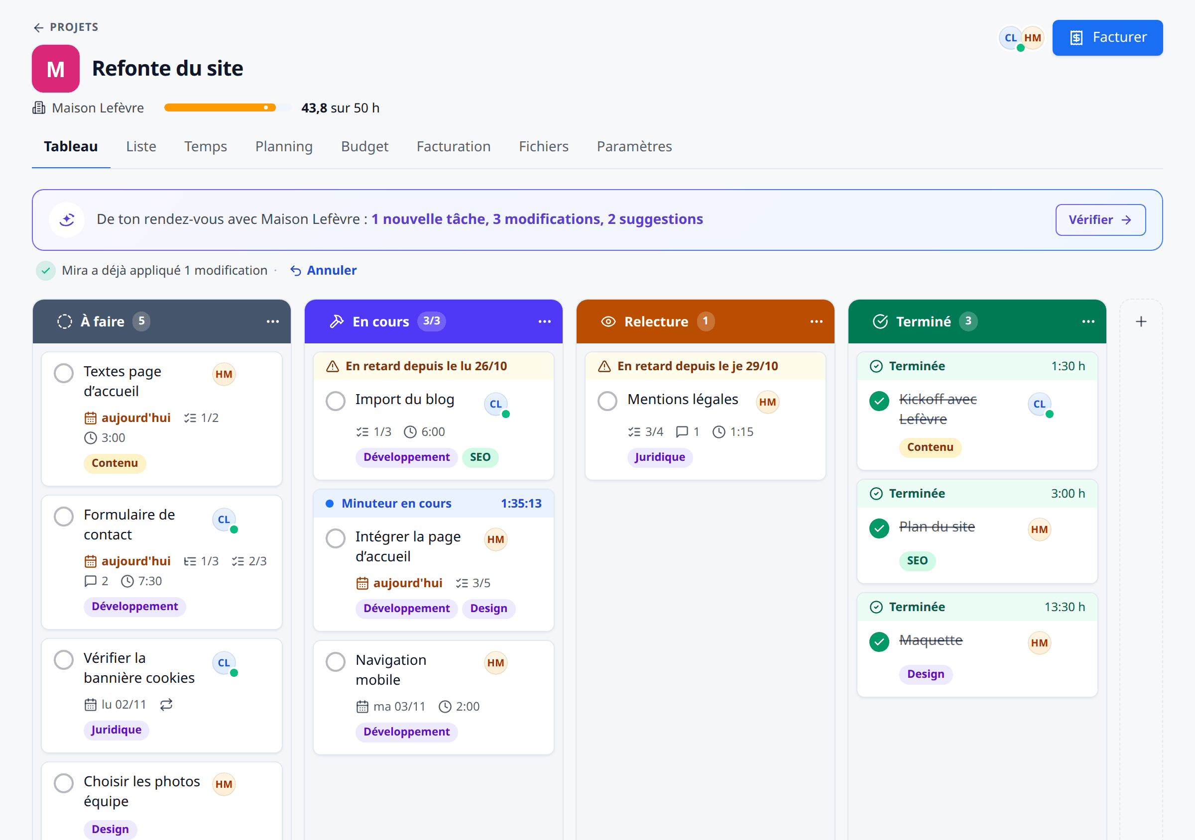Tableau Kanban d'un projet dans meetergo