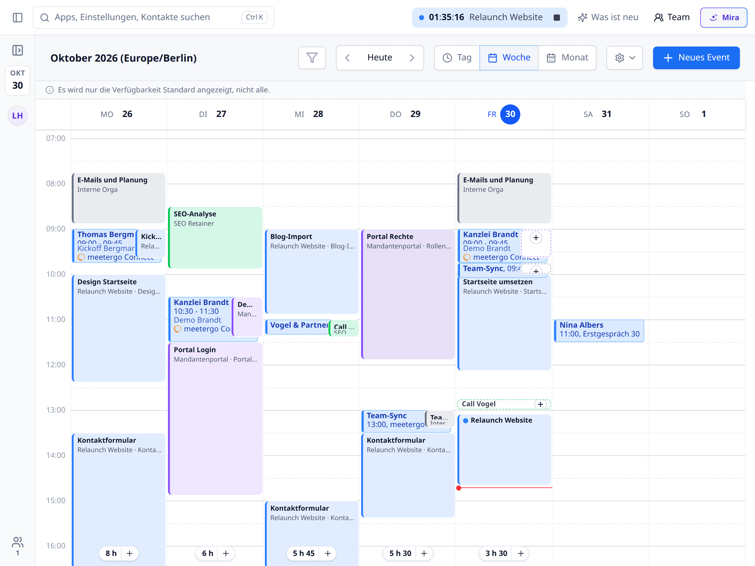 Kalender in meetergo mit eingeschalteter Zeit-Ebene