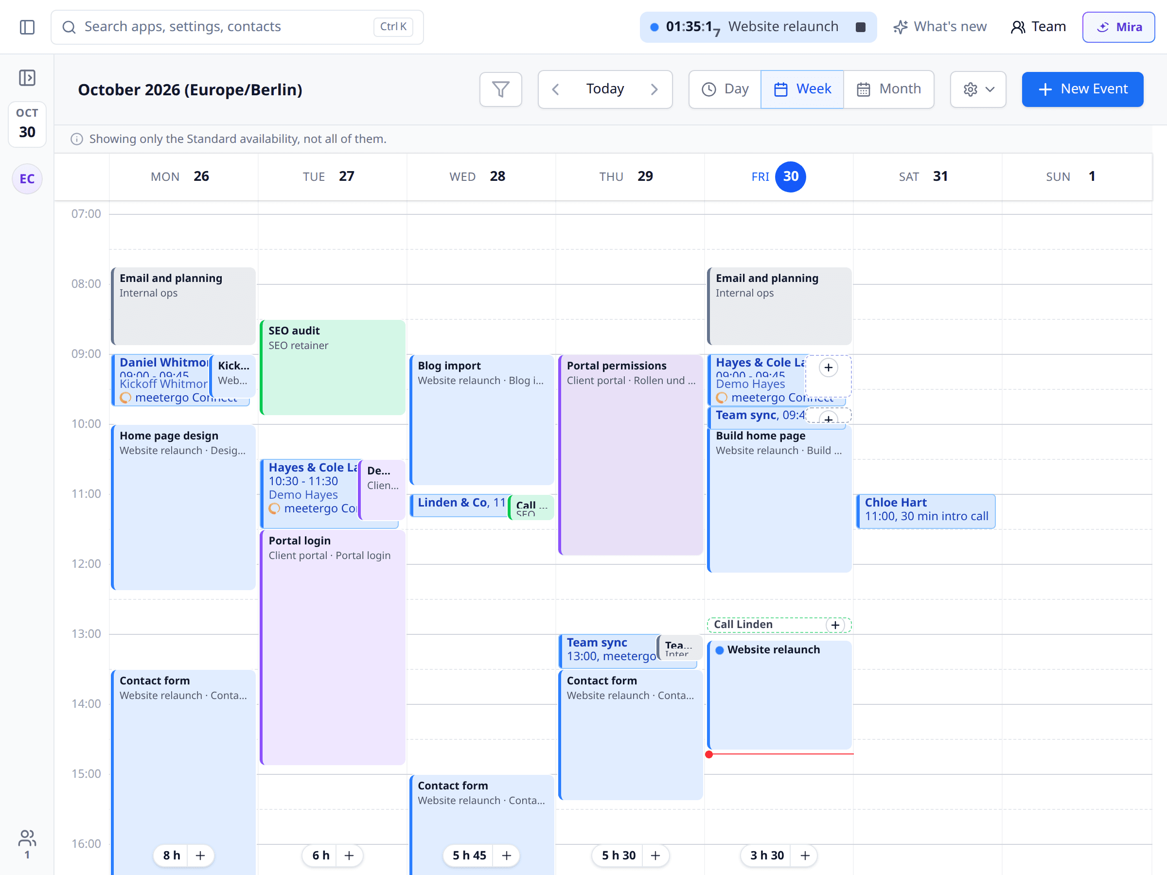 meetergo calendar week view with the Time layer switched on