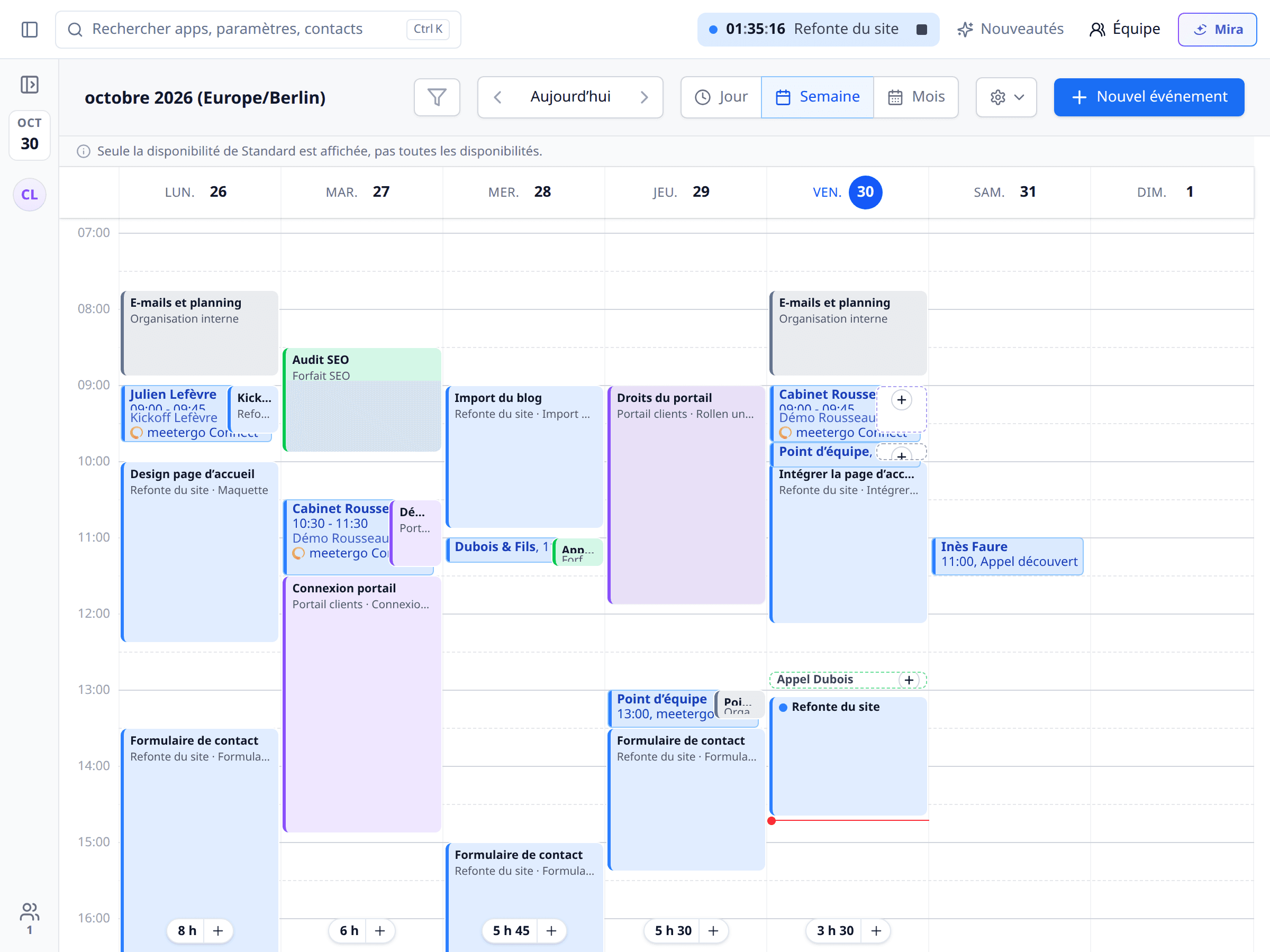 Calendrier meetergo avec la couche temps activée
