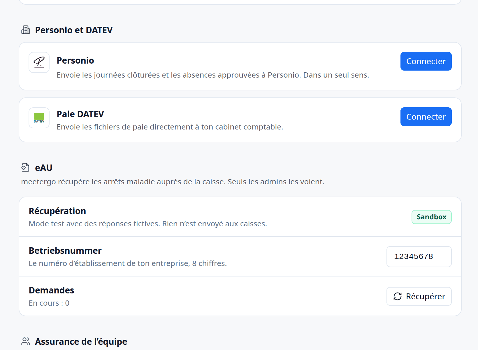 Paramètres avec les connexions DATEV et Personio