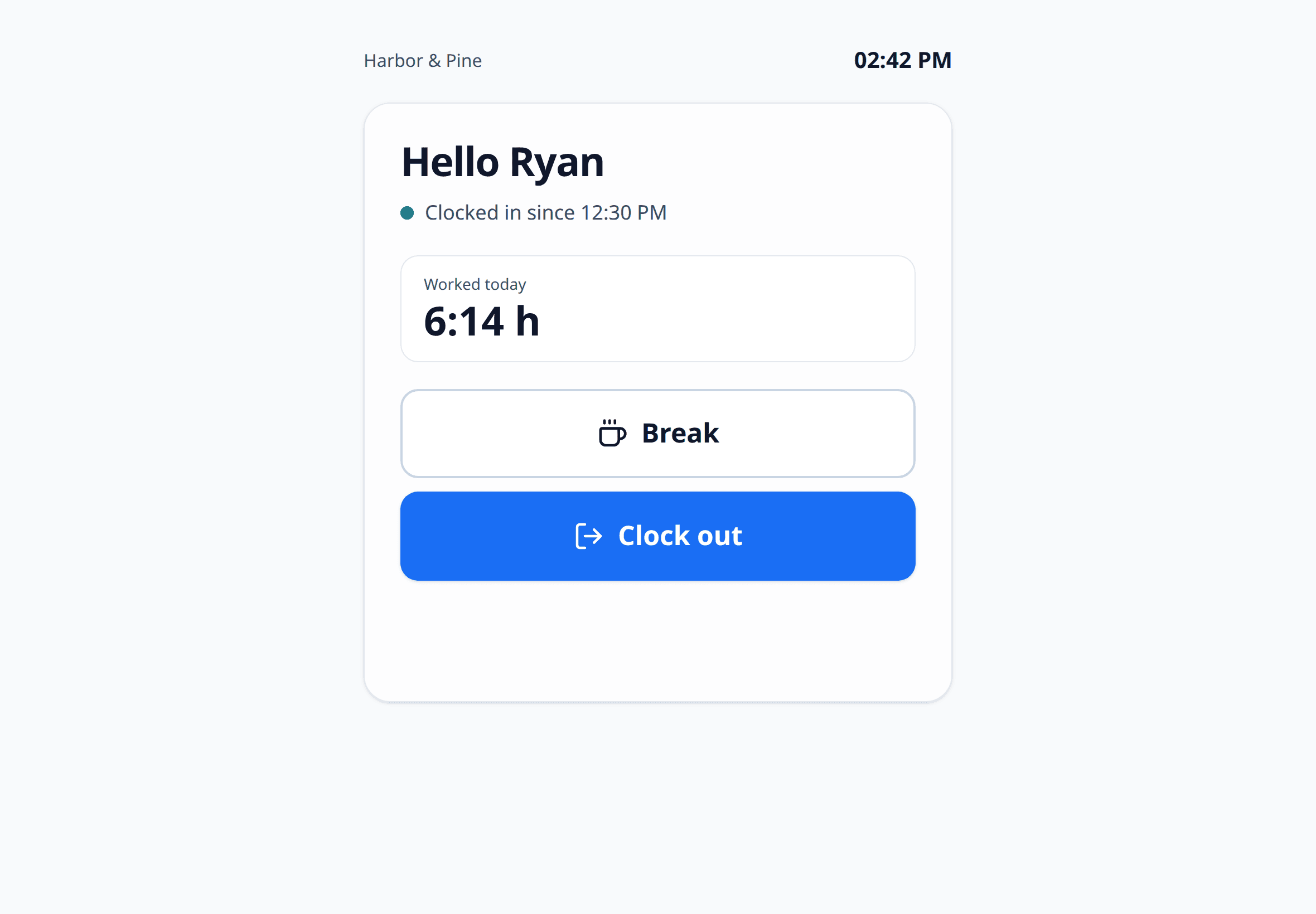 Clock link on a tablet with clock in, break and clock out