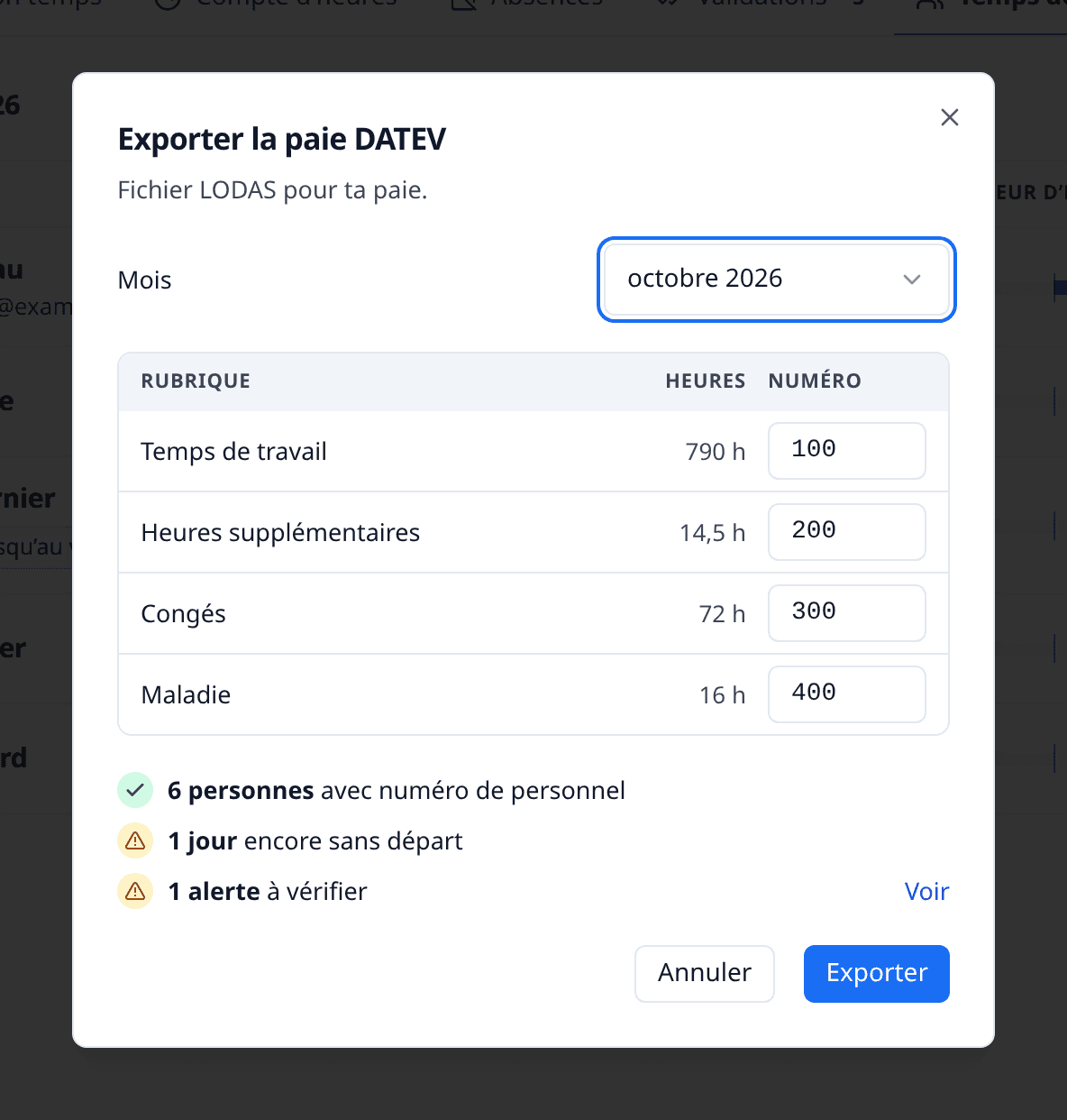 Export de paie DATEV dans meetergo avec choix du mois et du format
