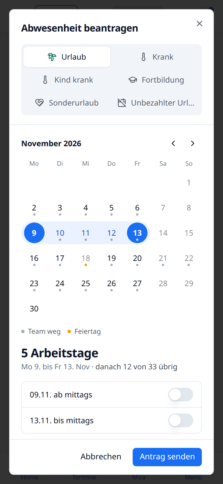 Urlaubsantrag auf dem Handy mit Zeitraum, Vertretung und Resturlaub