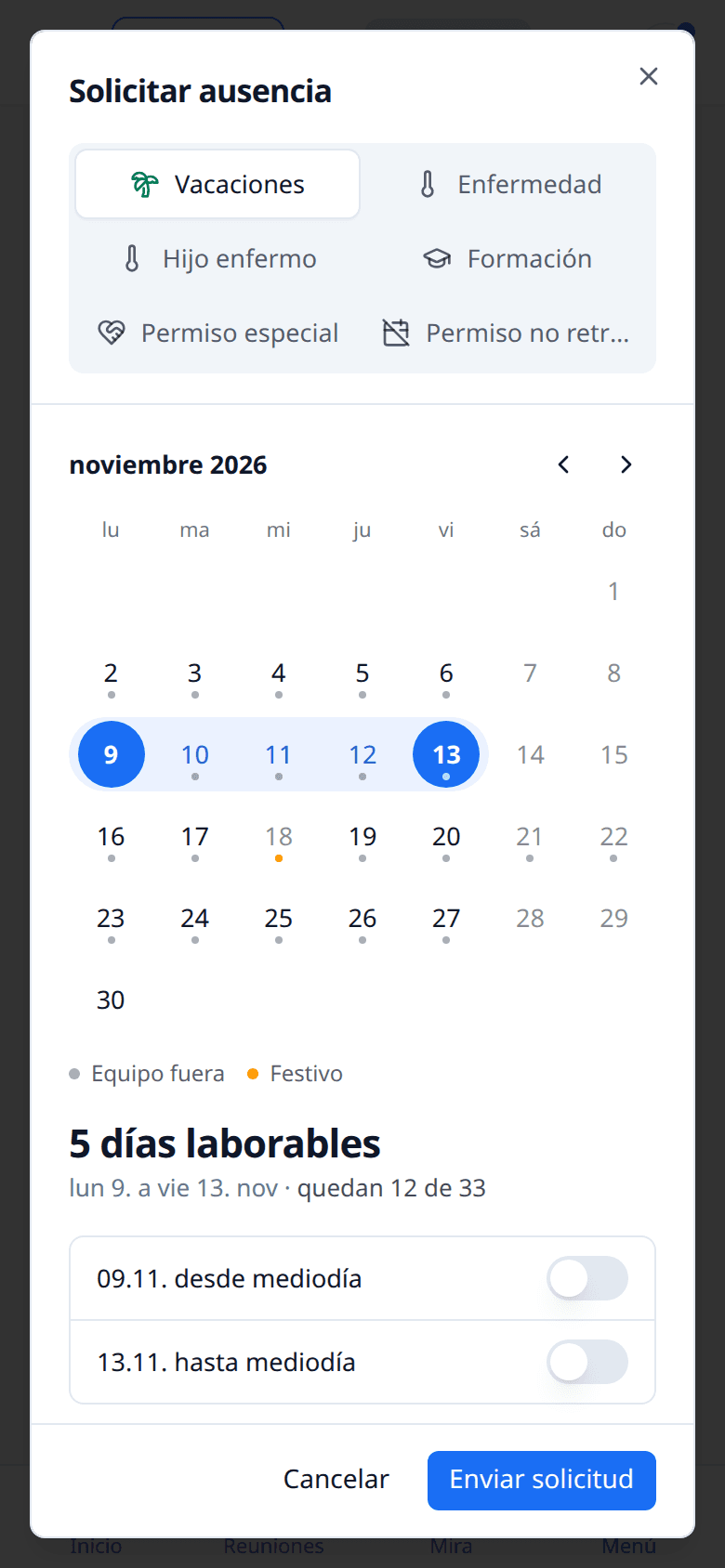 Solicitud de vacaciones en el móvil con fechas, suplente y días restantes