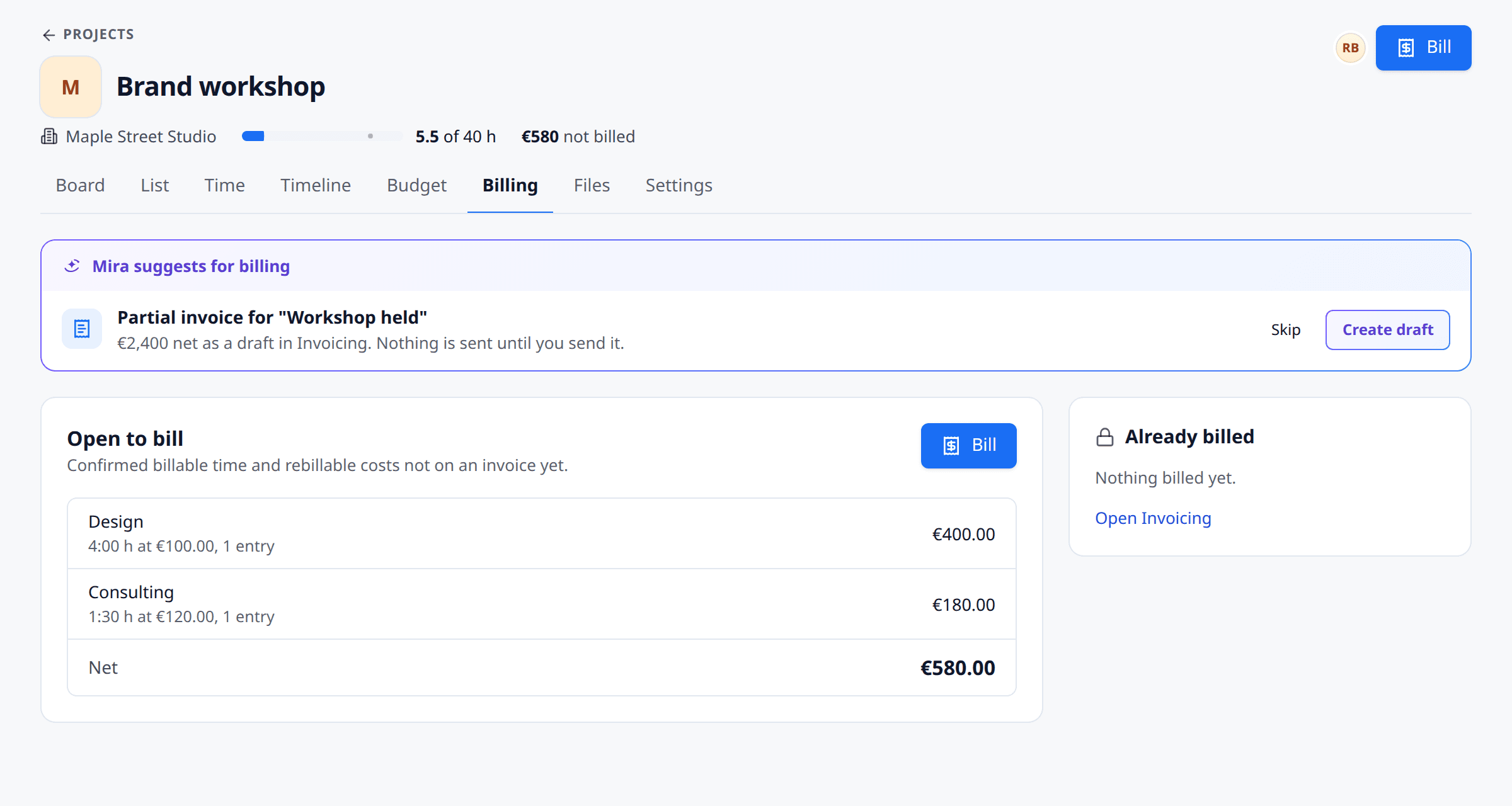 Project billing tab with unbilled hours and a milestone
