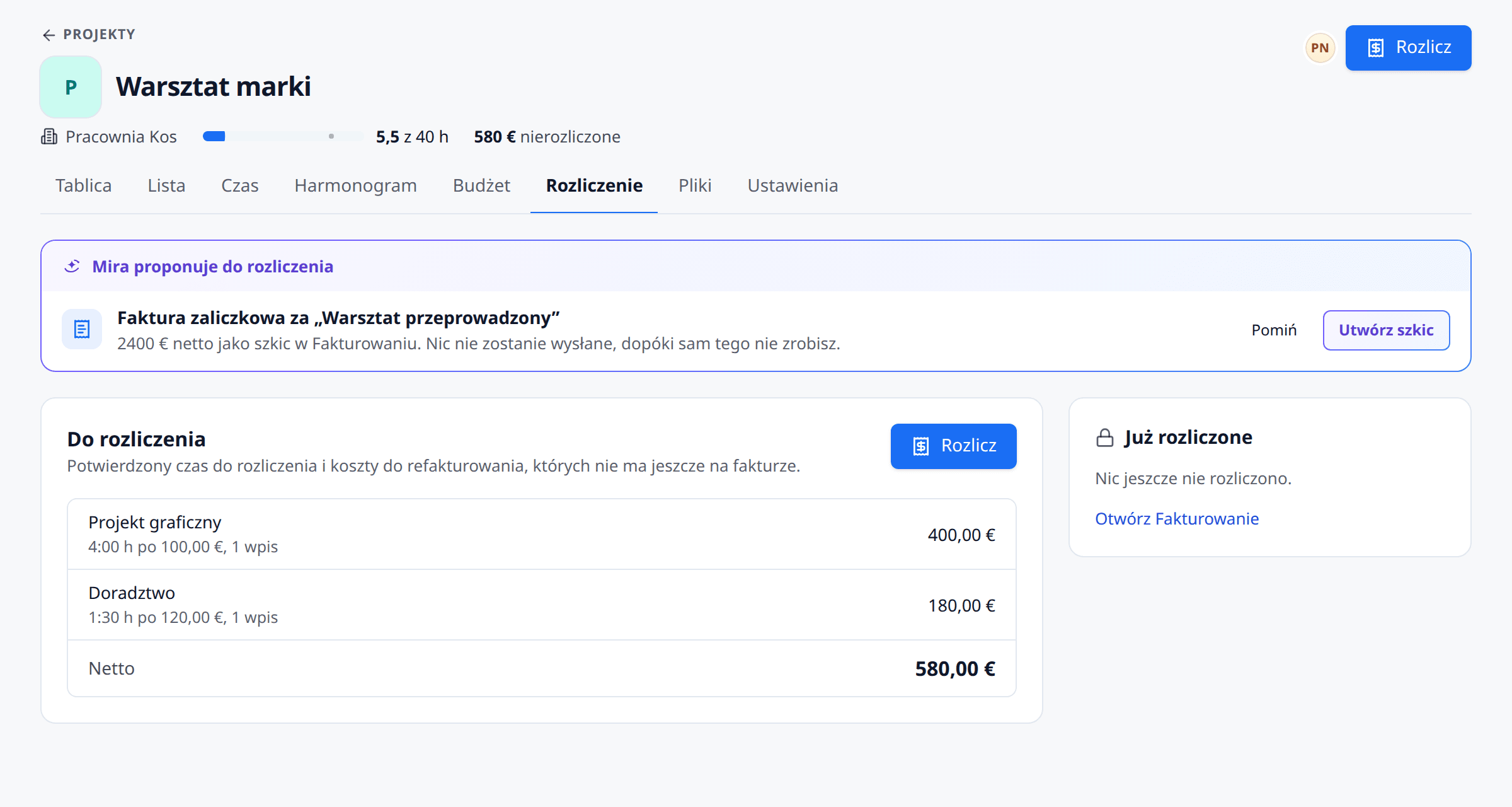 Rozliczenie projektu w meetergo z nierozliczonymi godzinami