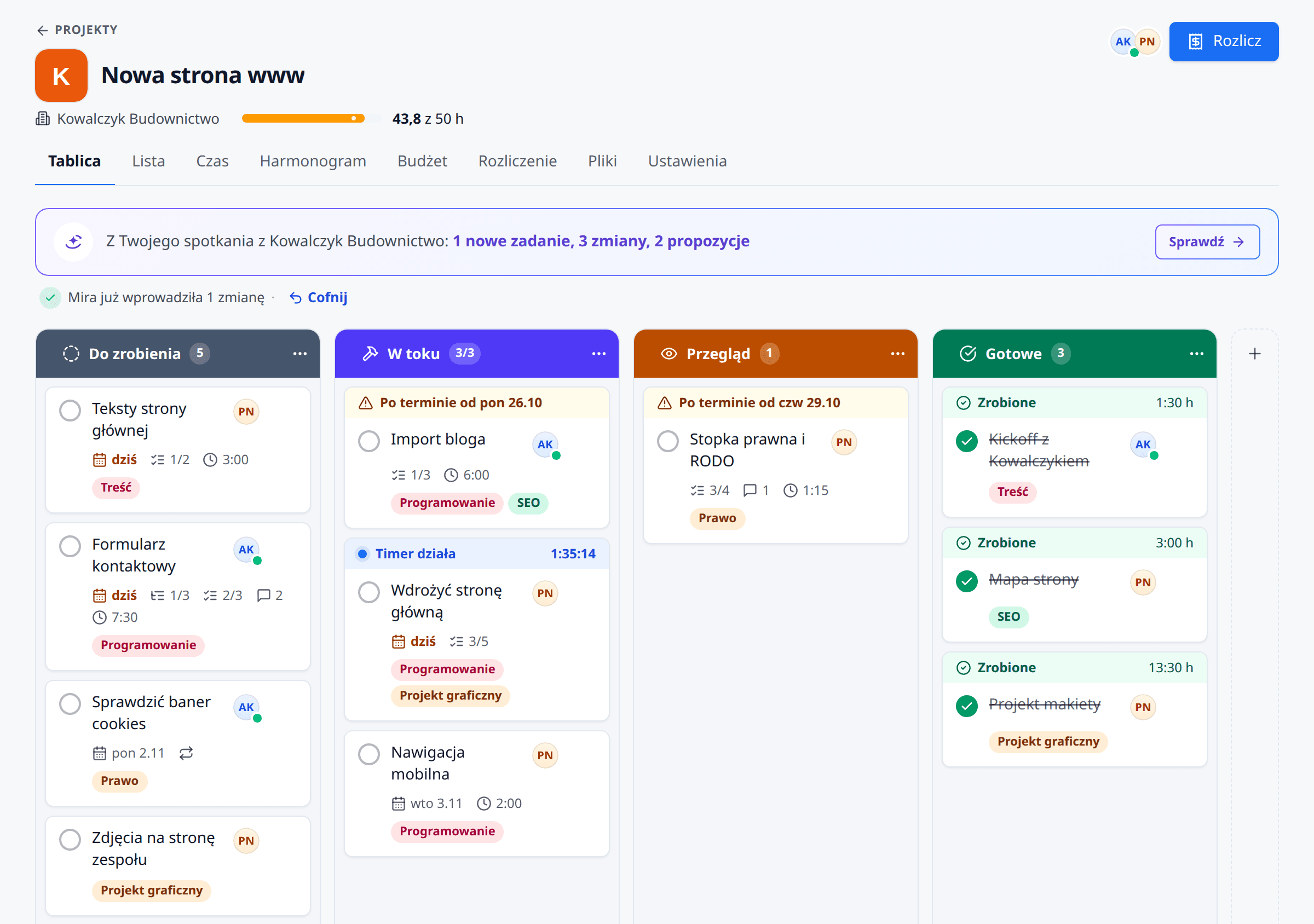 Tablica Kanban projektu w meetergo