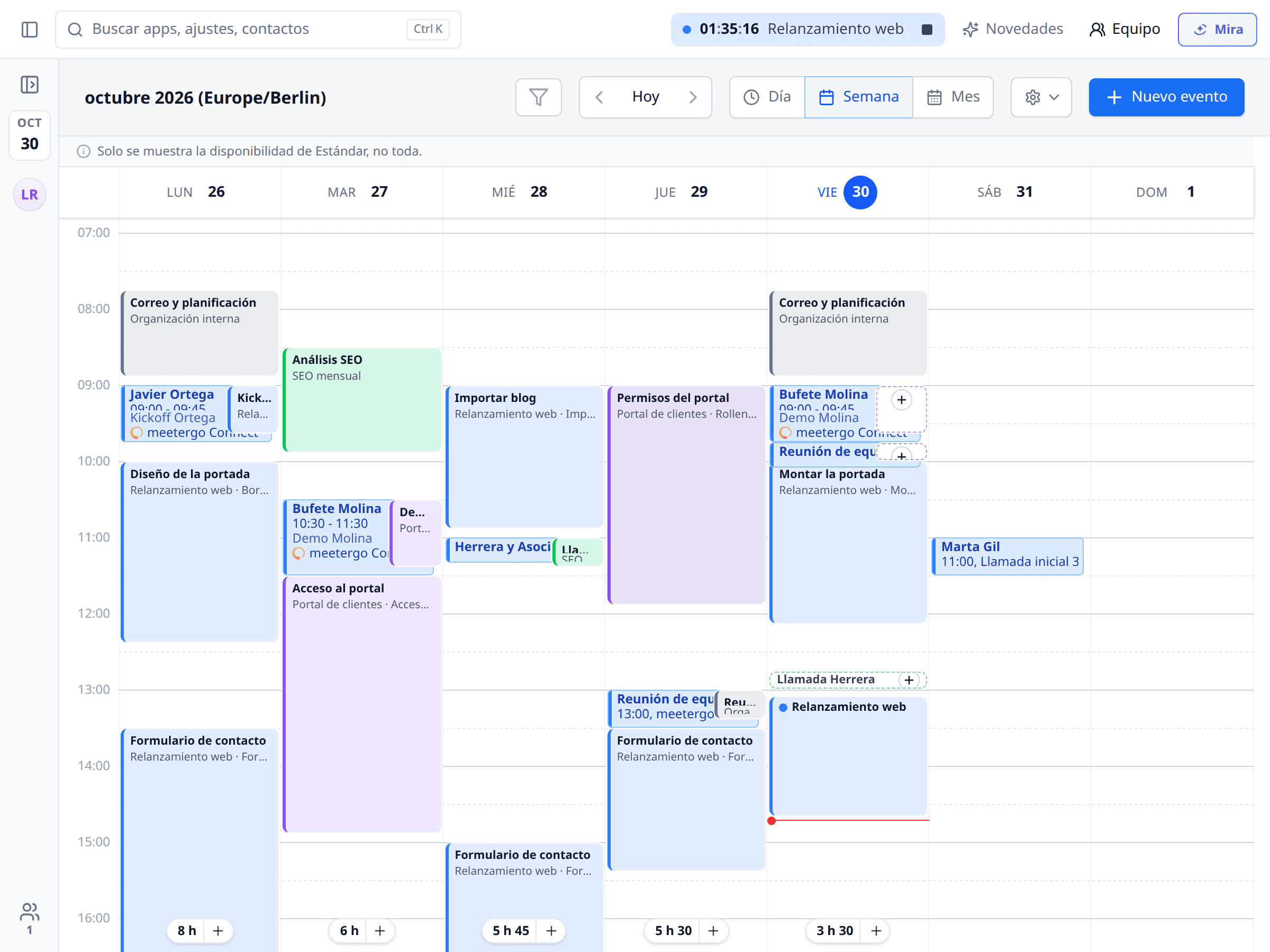 Calendario de meetergo con la capa de tiempo activada