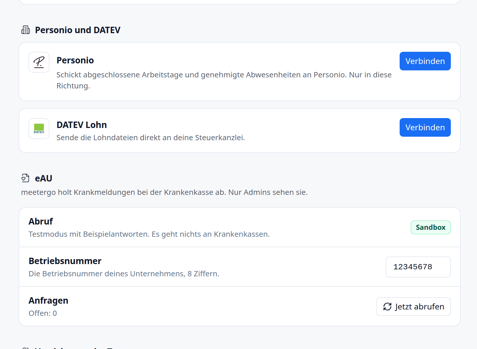 Einstellungen mit den Verbindungen zu DATEV und Personio