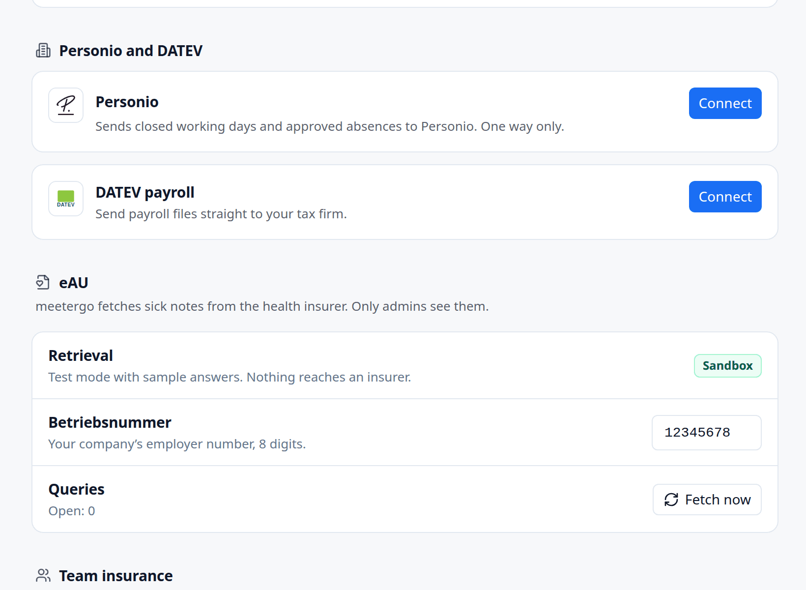 Settings with the DATEV and Personio connections