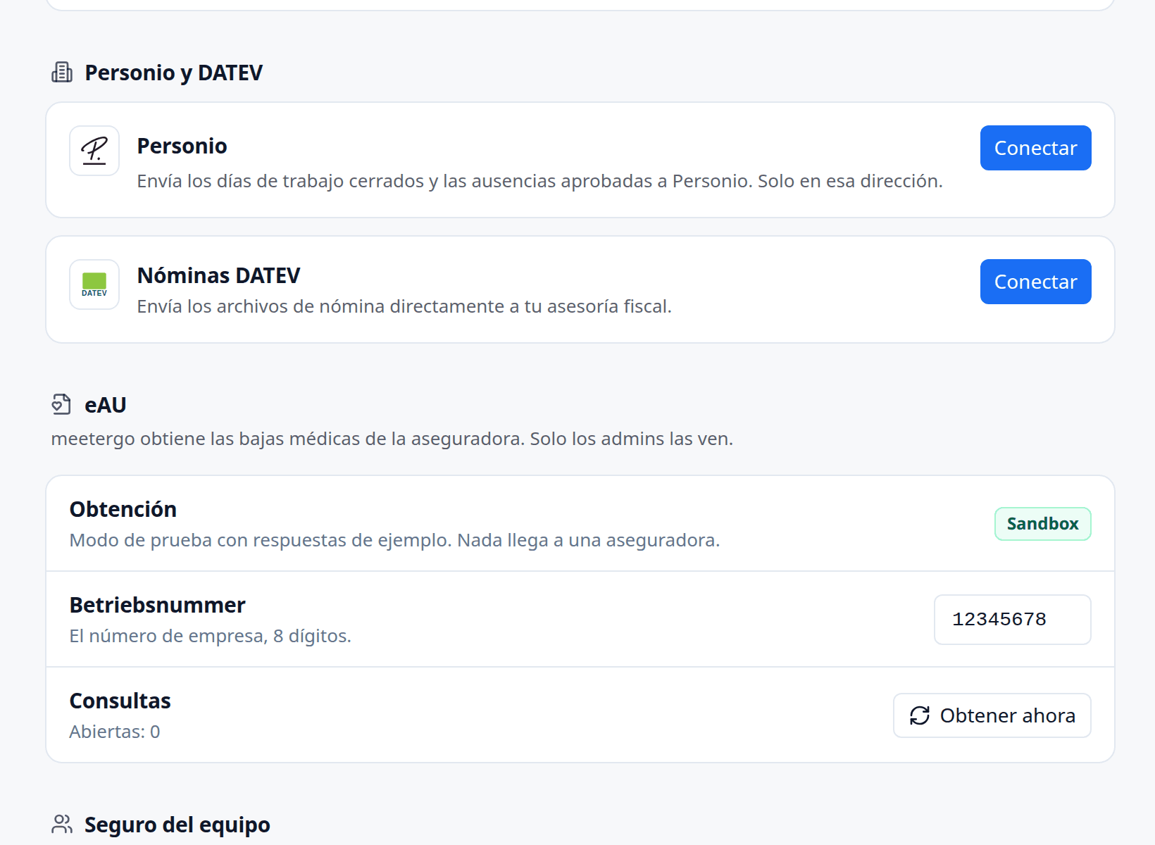 Ajustes con las conexiones a DATEV y Personio