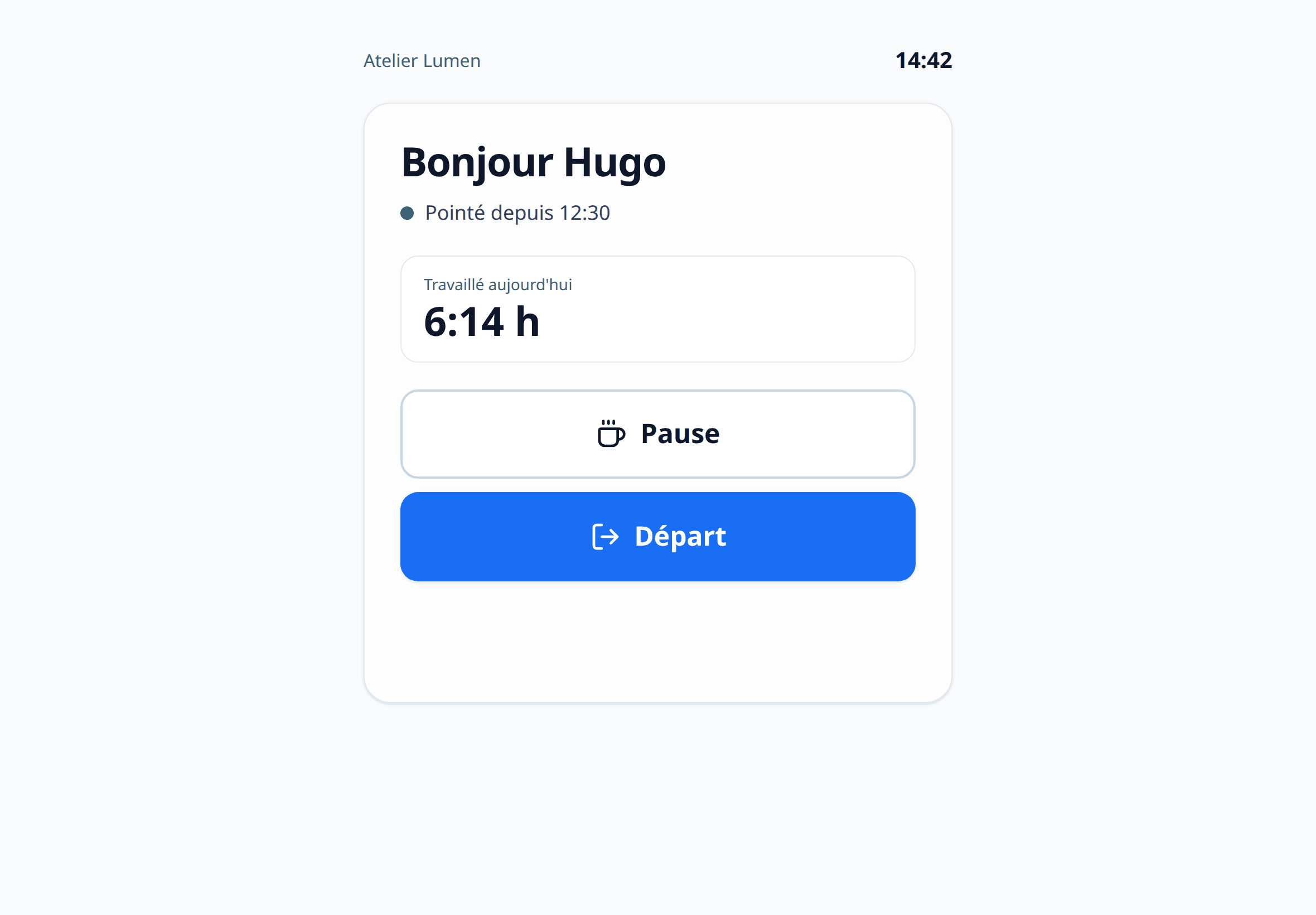 Lien de pointage sur une tablette avec arrivée, pause et départ