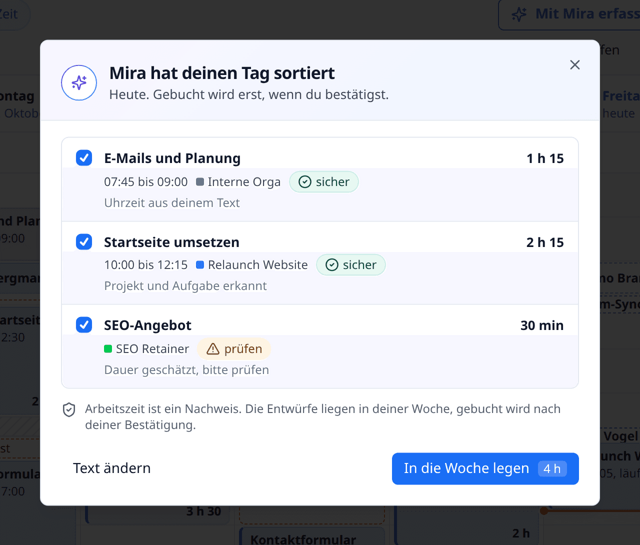Mira ordnet einen beschriebenen Arbeitstag in Zeitentwürfe in Meine Zeit