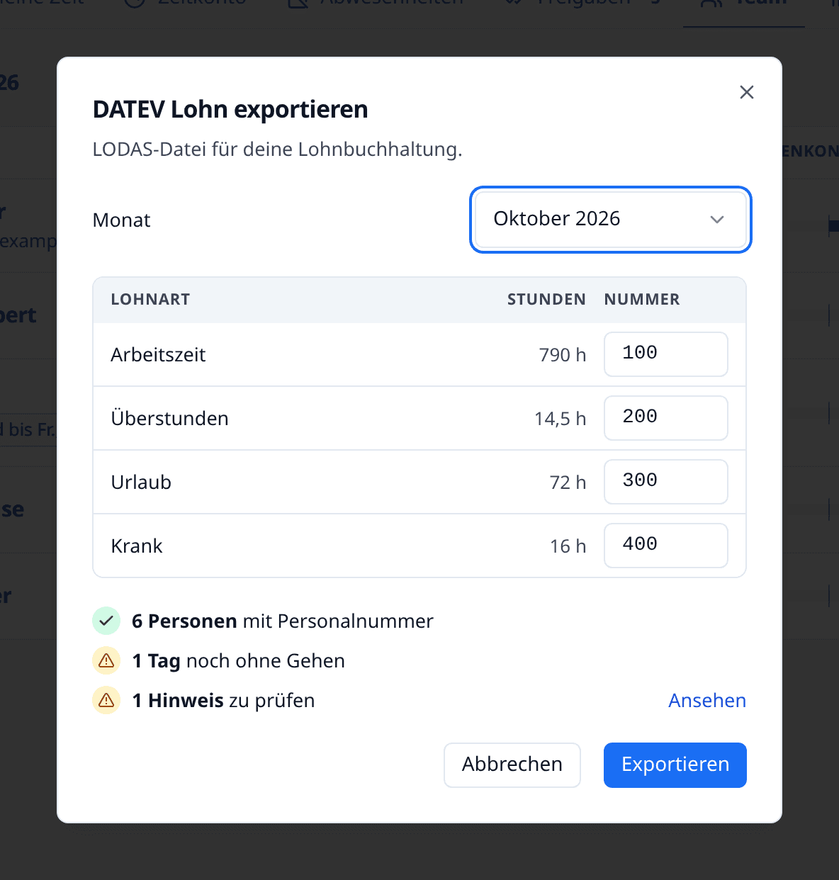 DATEV-Lohnexport in meetergo mit Auswahl von Monat und Format