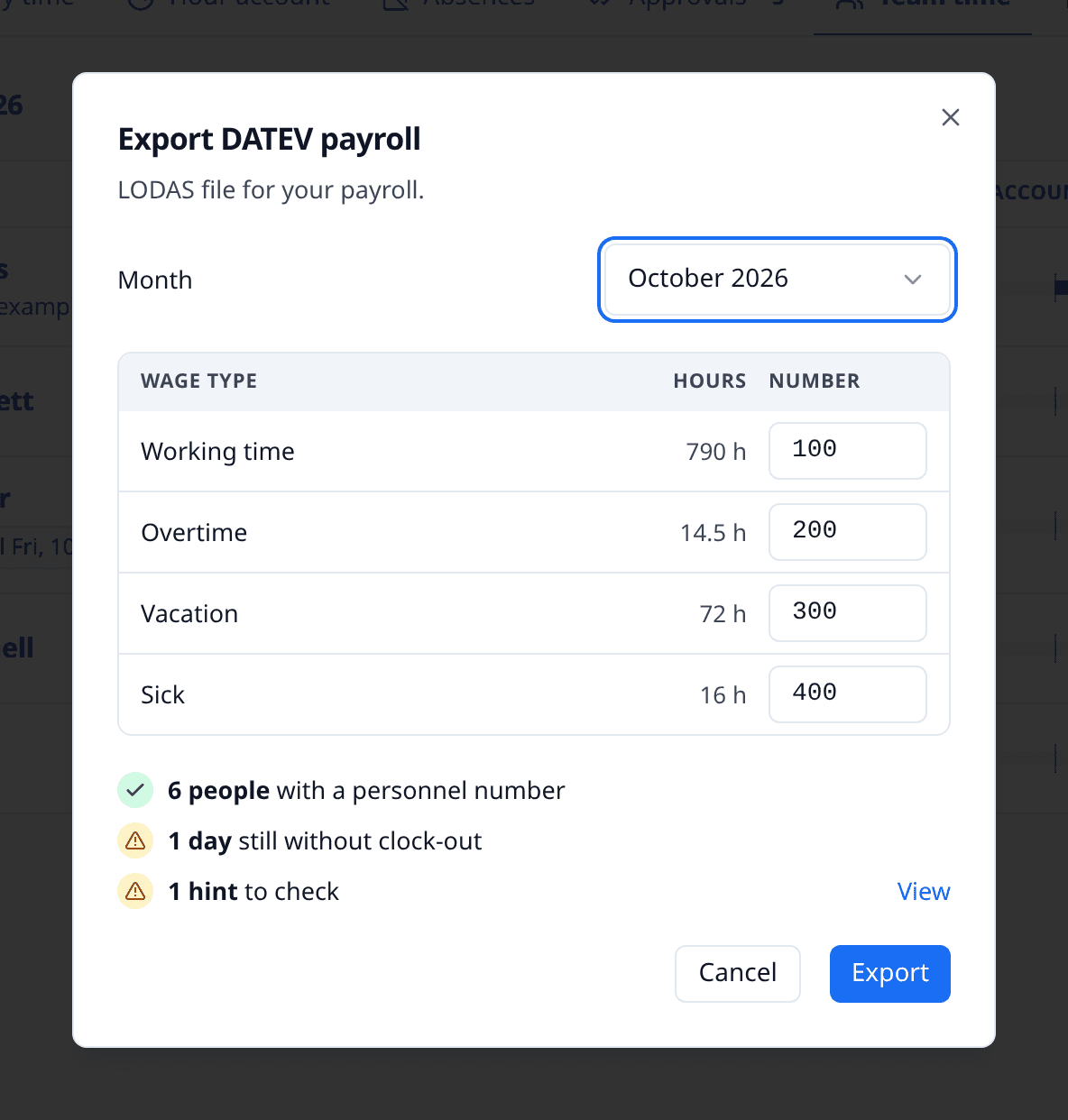 DATEV payroll export in meetergo with month and format selection