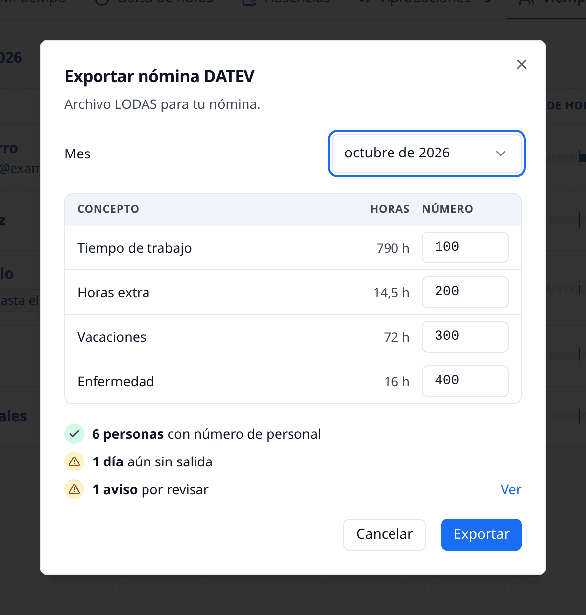 Exportación de nóminas DATEV en meetergo con selección de mes y formato
