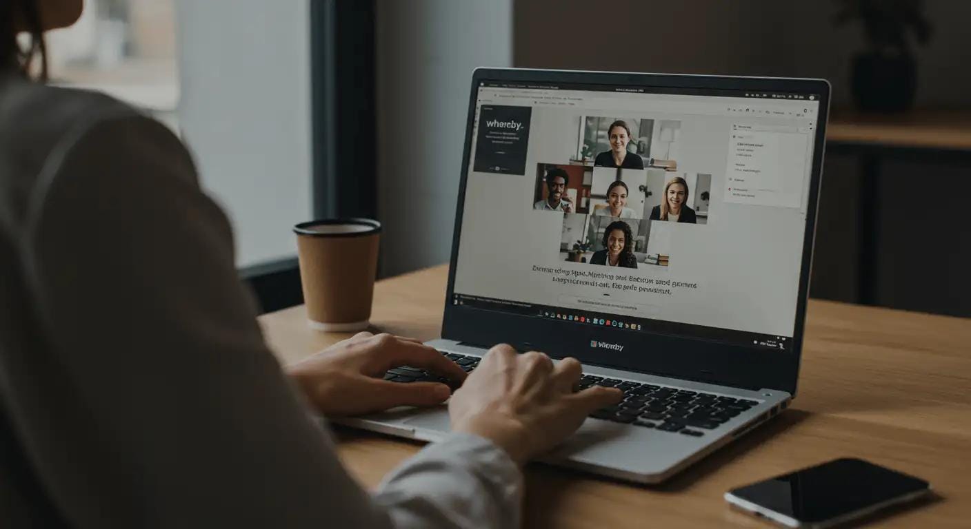 Person, die entspannt mit einem Laptop an einem ästhetischen Arbeitsplatz sitzt und an einem whereby-Meeting teilnimmt