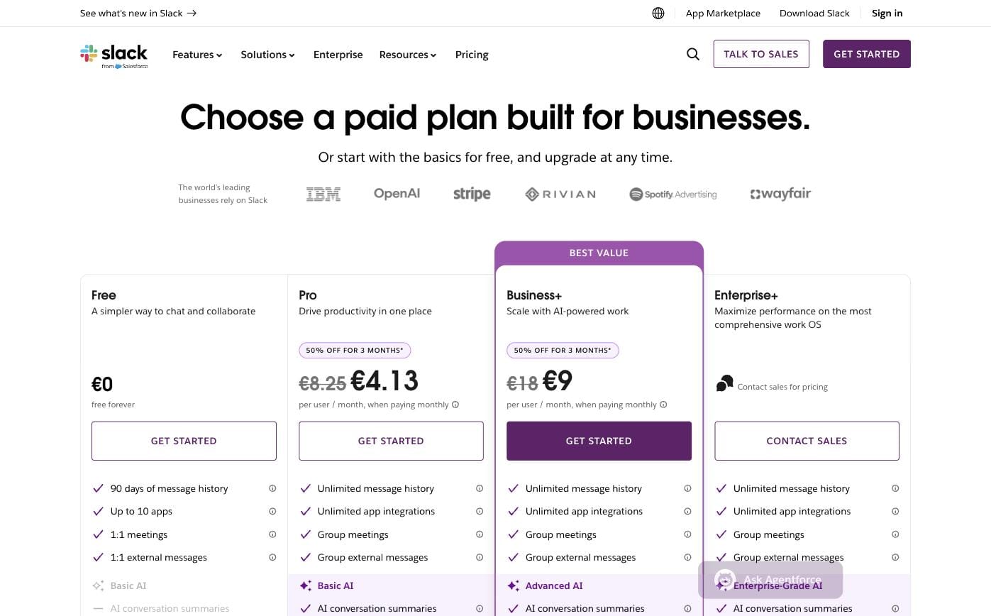 Overview of the four Slack plans Free, Pro, Business+ and Enterprise+ with their per-user monthly prices