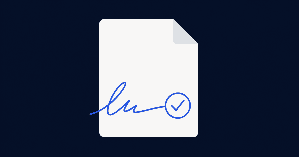 Ilustración de un PDF abierto en un portátil con un campo de firma y un panel de verificación al lado