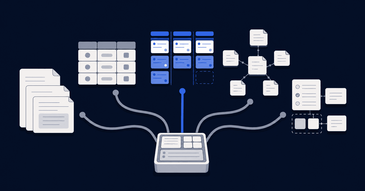 Acht Notion Alternativen: ein Workspace verzweigt sich in Dokumente, Boards und verknuepfte Notizen, der EU-Weg ist hervorgehoben