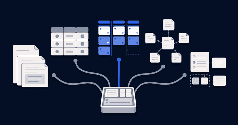 Acht Notion Alternativen: ein Workspace verzweigt sich in Dokumente, Boards und verknuepfte Notizen, der EU-Weg ist hervorgehoben