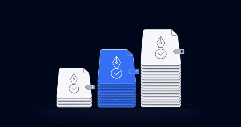 Illustration of a contract document with a price tag and a counter showing a monthly envelope allowance running out