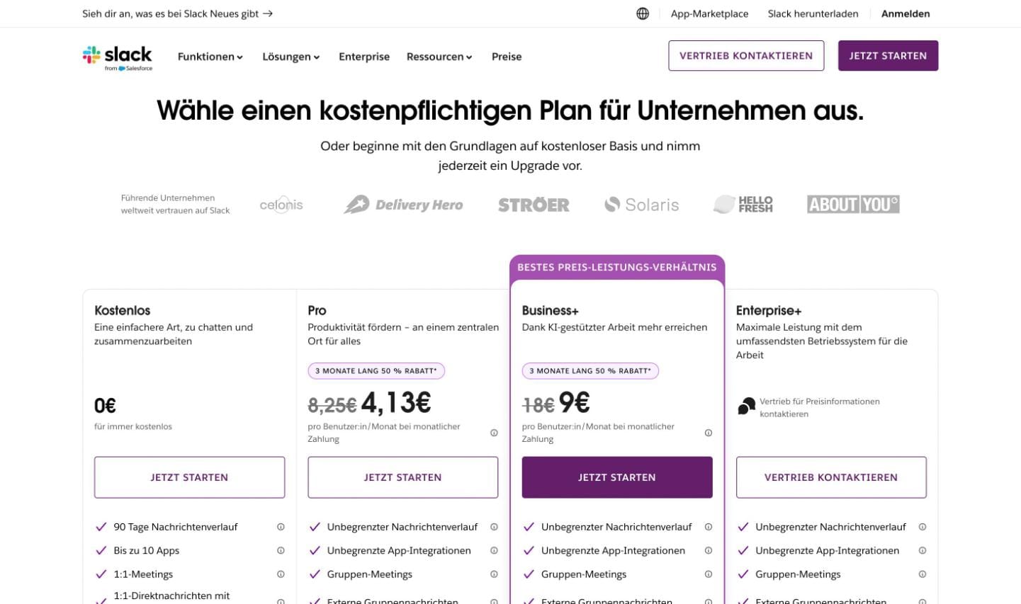 Übersicht der Slack Tarife Free, Pro, Business+ und Enterprise+ mit Preisen pro Nutzer und Monat