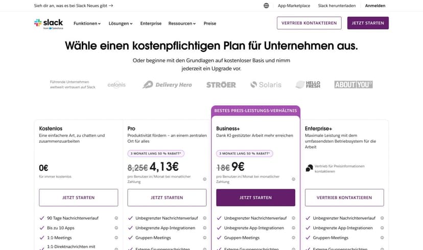 Übersicht der Slack Tarife Free, Pro, Business+ und Enterprise+ mit Preisen pro Nutzer und Monat