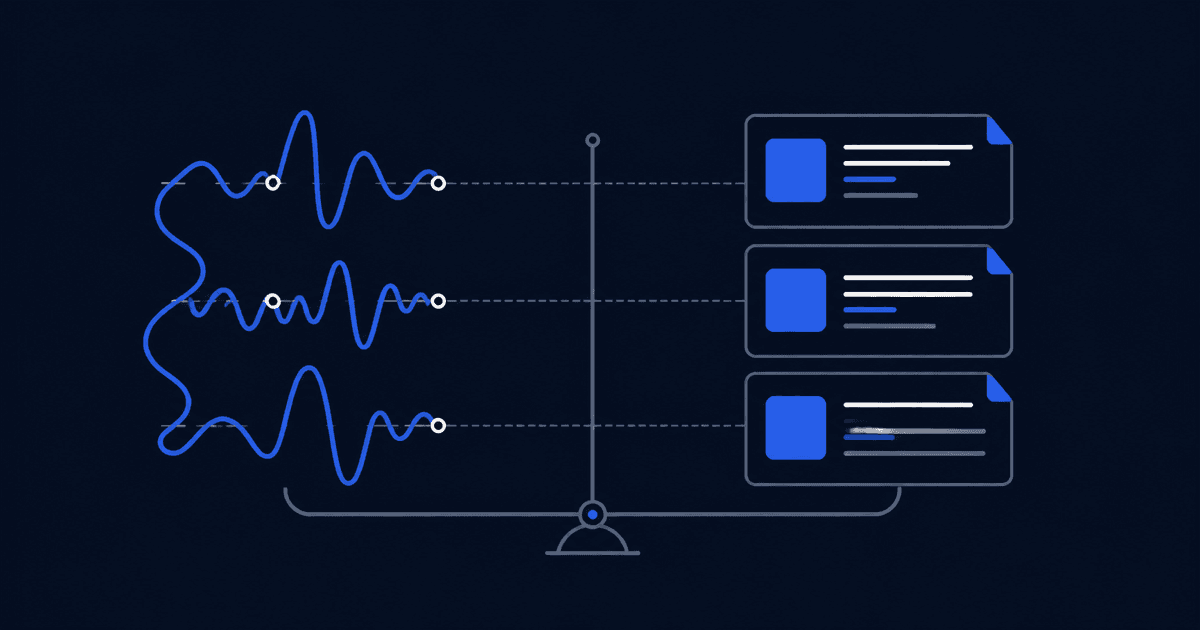 A single loose voice-memo wave next to an ordered stack of structured meeting documents