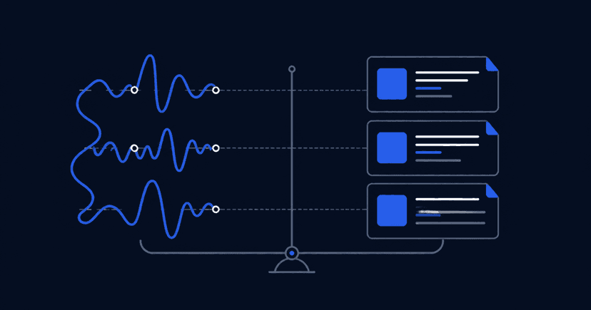 A single loose voice-memo wave next to an ordered stack of structured meeting documents