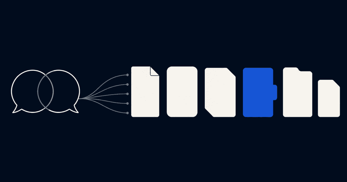 Une conversation devient plusieurs documents de notes, un seul mis en avant en bleu