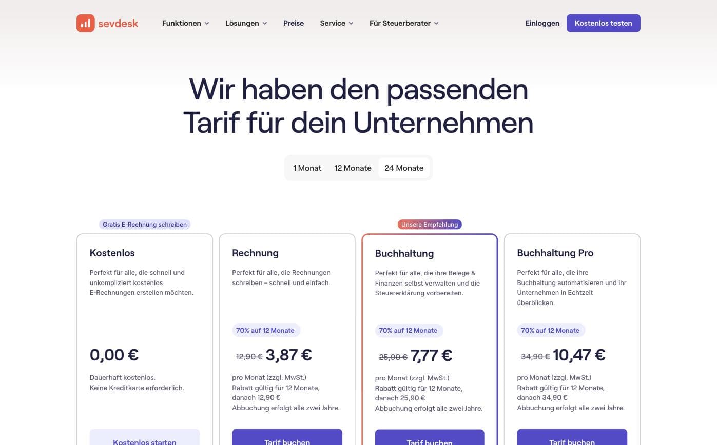 Übersicht der sevdesk Tarife und monatlichen Kosten für Selbstständige
