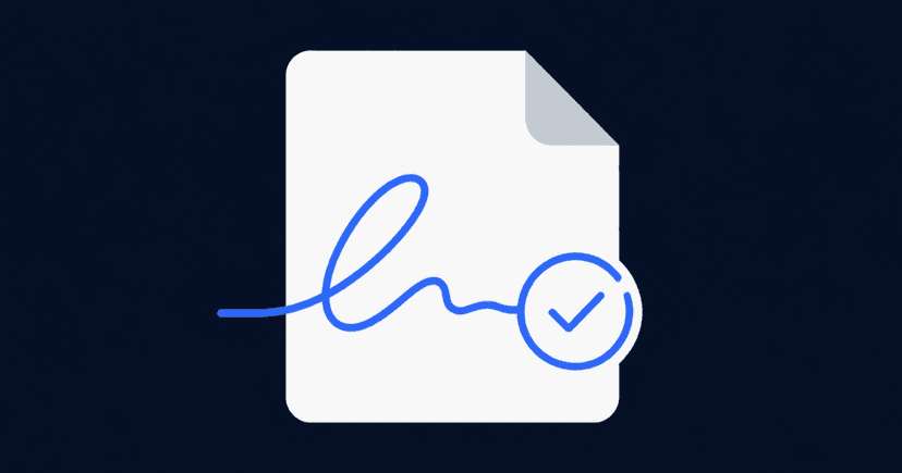 Ilustración de un documento PDF firmado electrónicamente con un sello de validación y el escudo del certificado digital