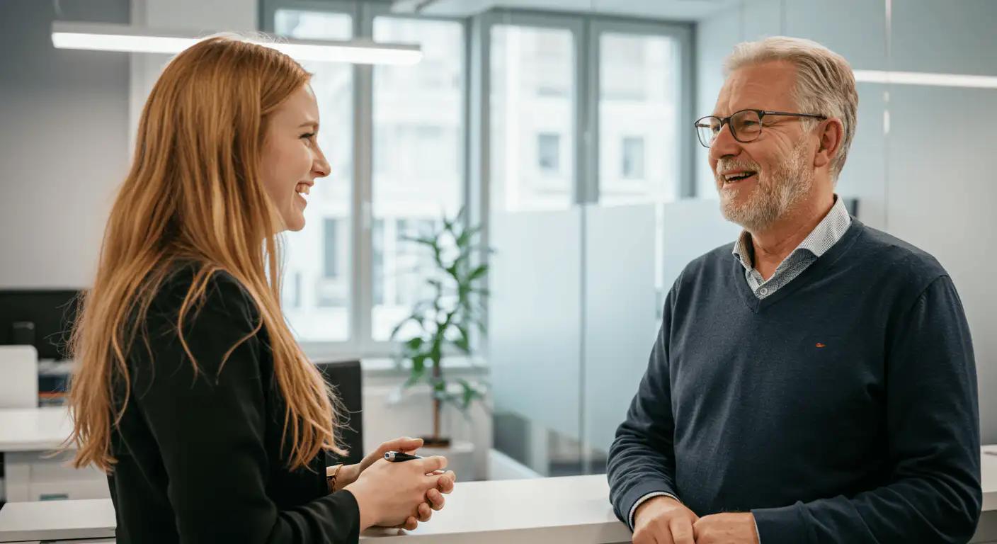 Eine moderne, helle Büroszene, in der zwei Personen ein positives, partnerschaftliches Gespräch führen. Eher eine Coaching-Situation als ein steifes Verkaufsgespräch