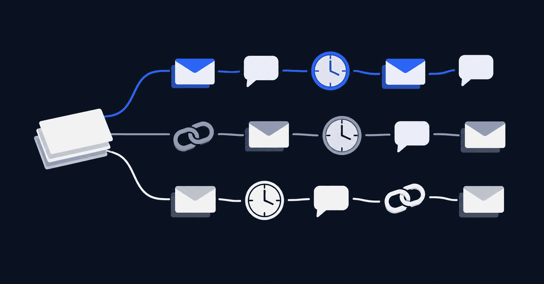 A cloud-run drip sequence on one side, a LinkedIn chat thread with a confirmed meeting on the other, and ten price tags arranged between them
