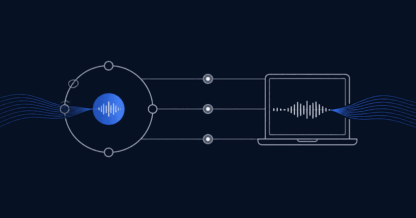 Two paths for meeting audio: one through a small orb inside a meeting circle, one flowing directly into a laptop