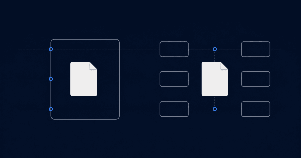 A note held inside one large enclosing rectangle next to a note moving freely between several smaller platform rectangles