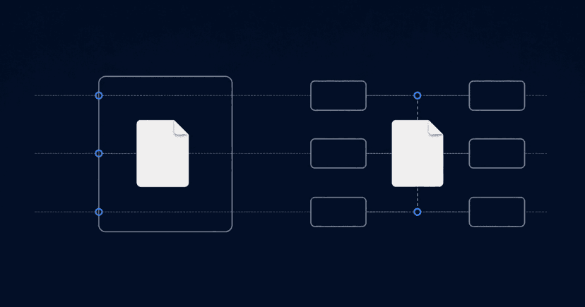 A note held inside one large enclosing rectangle next to a note moving freely between several smaller platform rectangles