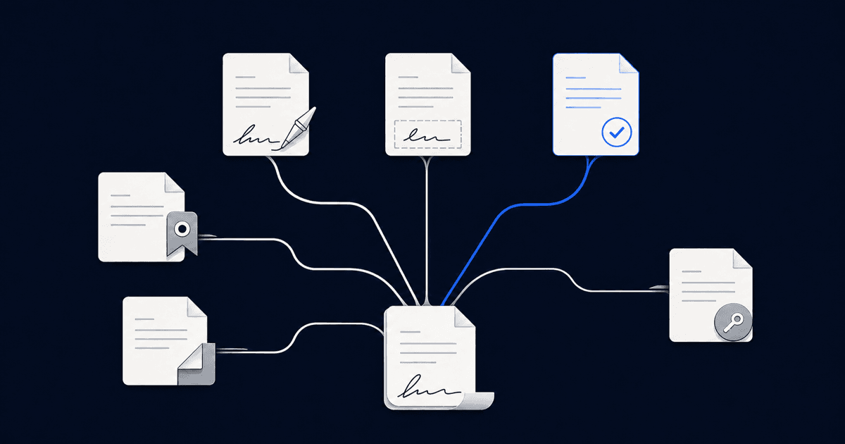 DocuSign Alternativen: sechs Signaturwege zweigen von einem Vertrag ab, einer davon hervorgehoben