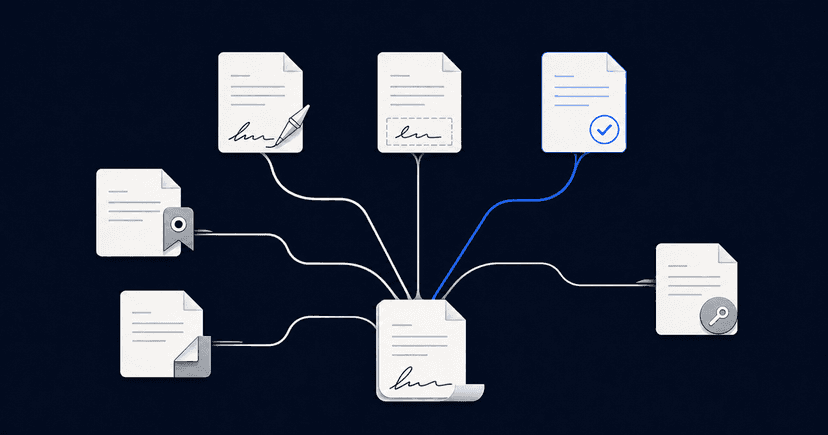 DocuSign Alternativen: sechs Signaturwege zweigen von einem Vertrag ab, einer davon hervorgehoben