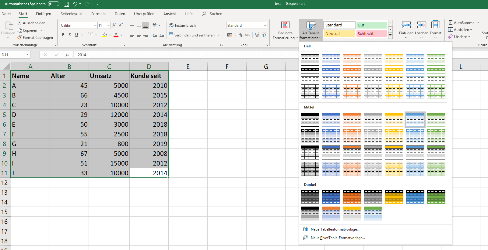 excel tabelle erstellen