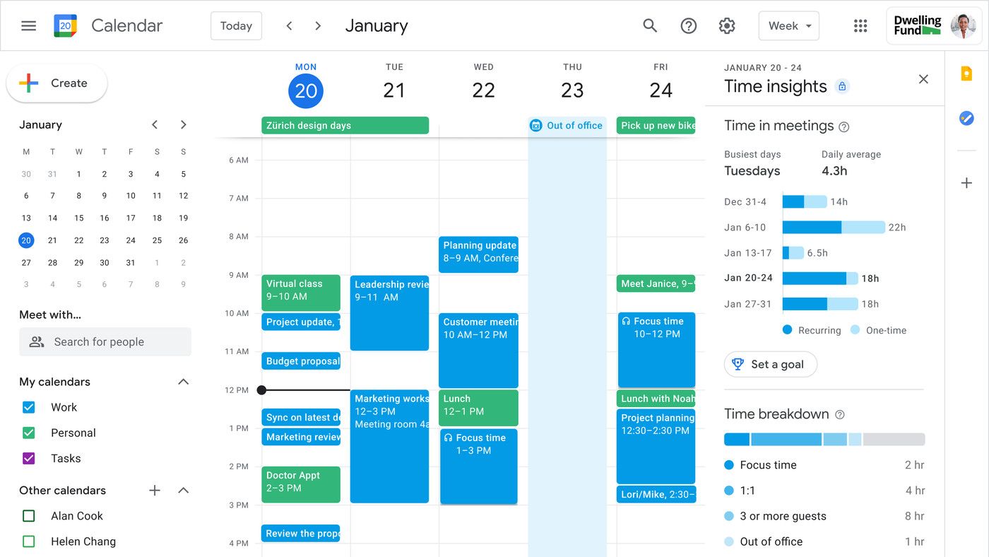 Google Calendar mit Aufschlüsselung